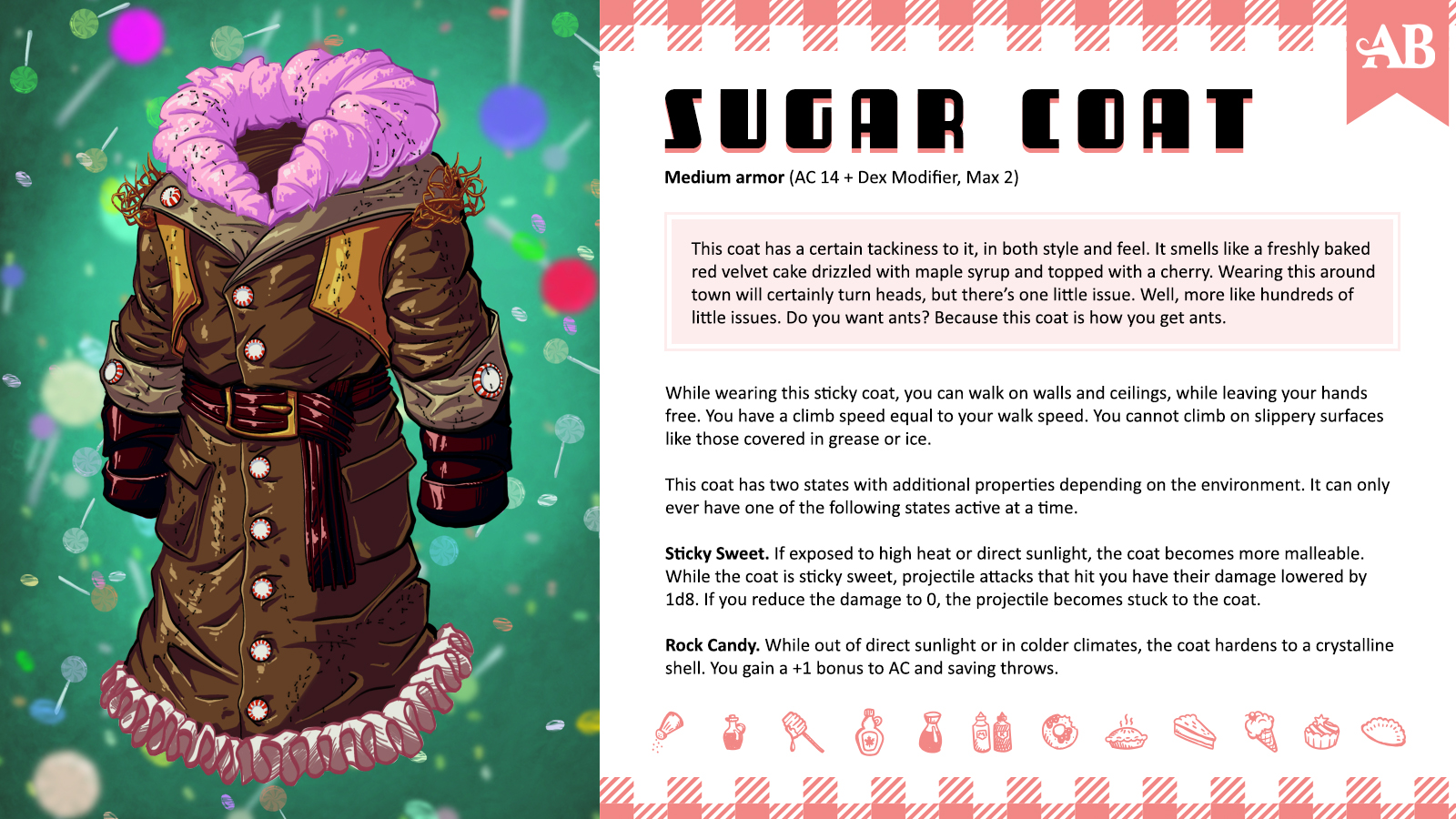 Illustration for Sugar Coat. A free magic item for 5e by Abyssal Brews.