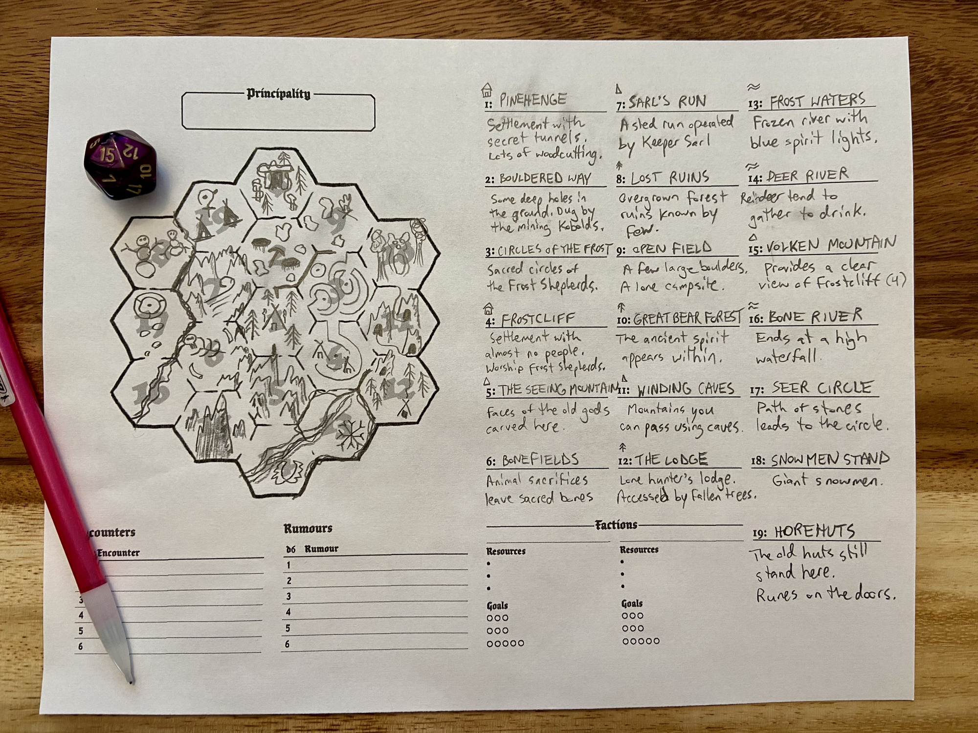 Hexcrawl map with drawings of interesting locations.