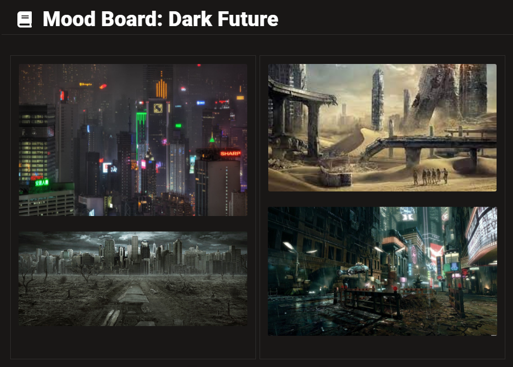 LegendKeeper moodboard for a cyberpunk future.