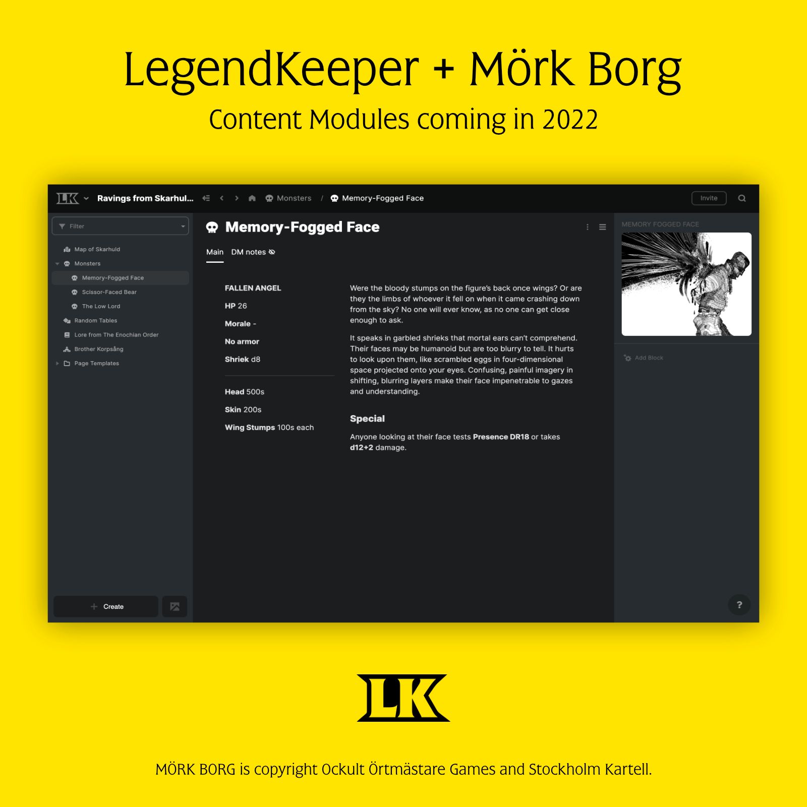 Wiki page for Mork Borg in LegendKeeper.